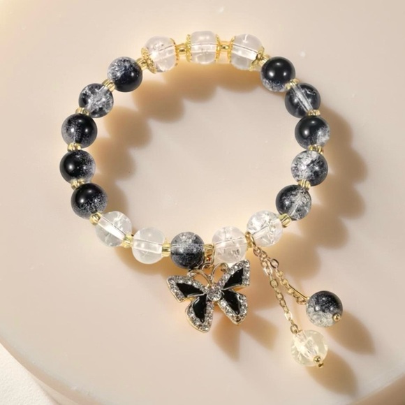Gradient Black Beaded w/ Sparkly Bow Charm Bracelet - Small wrists - Picture 3 of 5